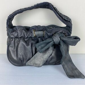Vintage Handbag 100% Leather Metallic Gray Shoulder Bag Cinched Opening Shimmery